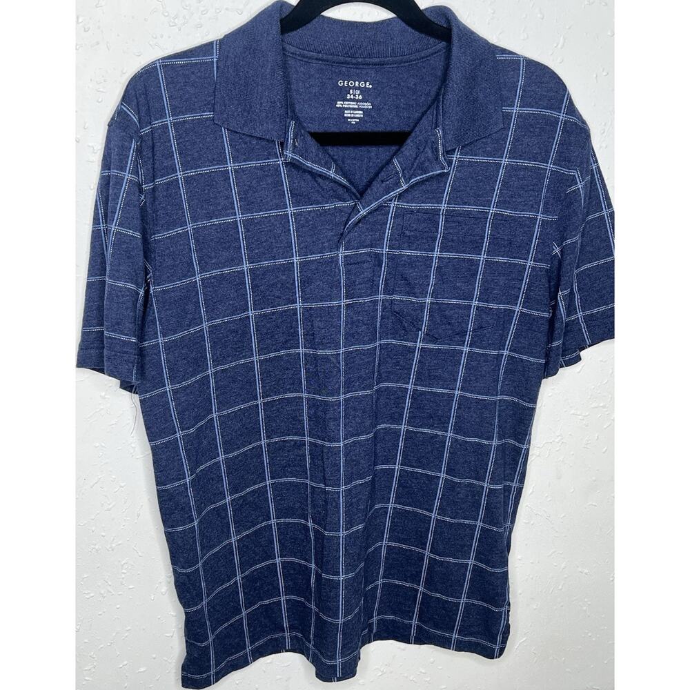 George Men's Blue Check Short Sleeve Collared Polo Shirt Size S Cotton Blend